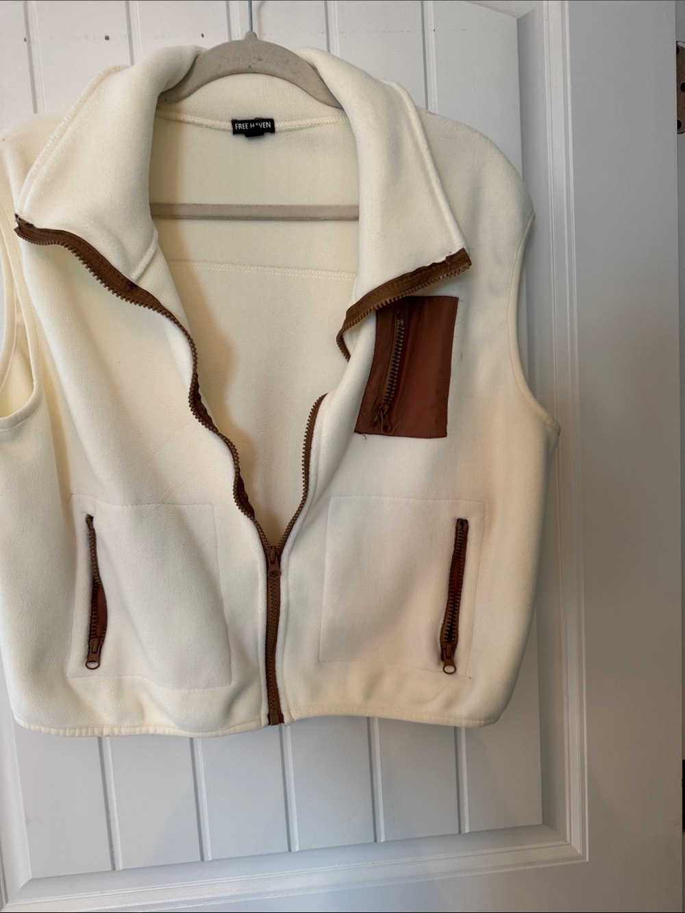 Free Haven Cream Fleece Vest with Brown Trim Accents